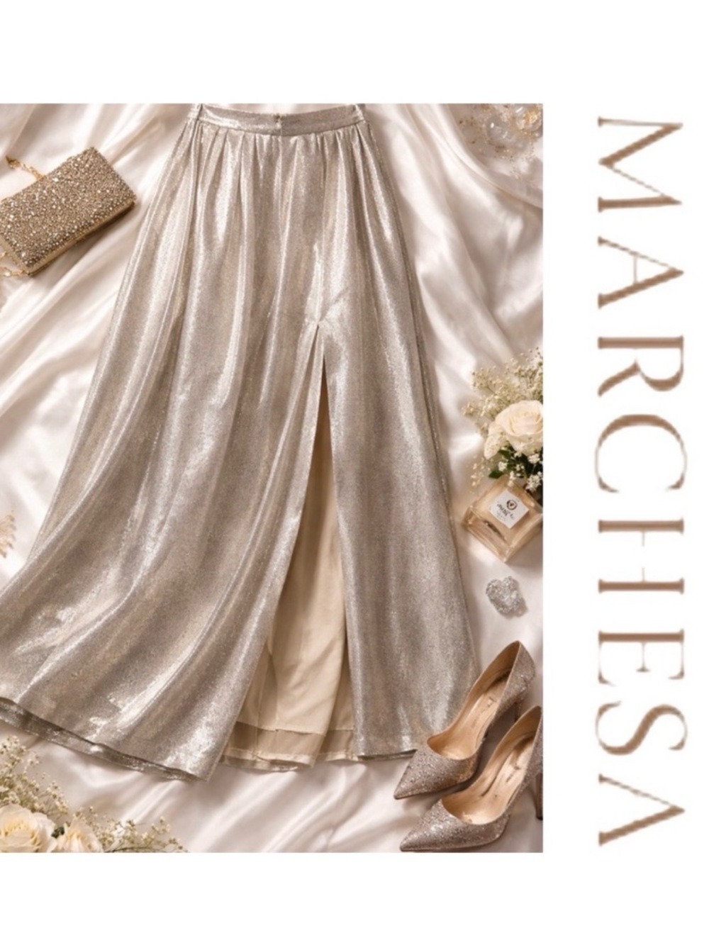 NWT Muse by Marchesa Metallic Maxi Skirt – $249 MSRP – Pockets + Front Slit